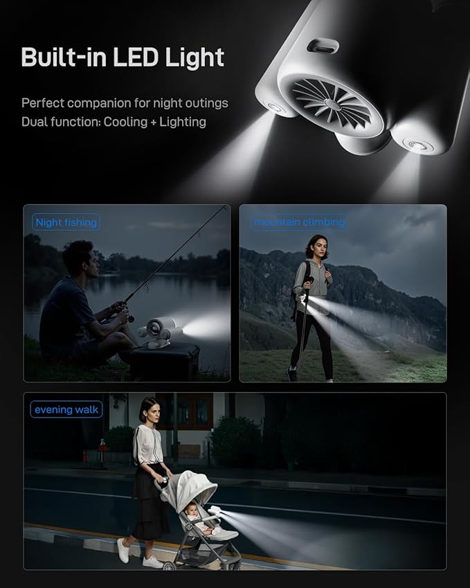 Portable Waist Fan with Lighting, 100 Speeds 13000RPM Clip on Fan for Shirt, 360° Angle Adjustment Tilt LED Display Rechargeable Personal Belt Fans for Travel and Camping-Black