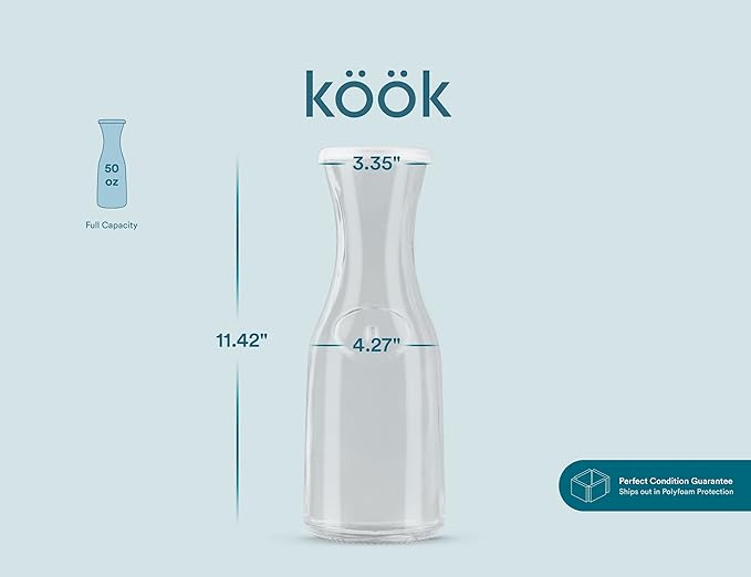 Glass Carafe Pitchers, by Kook, Large Carafe - set of 3, Beverage Dispensers, Clear Jugs For Mimosas, Water, Wine, Milk and Juice, with Plastic Lids, 50 oz Dishwasher Safe