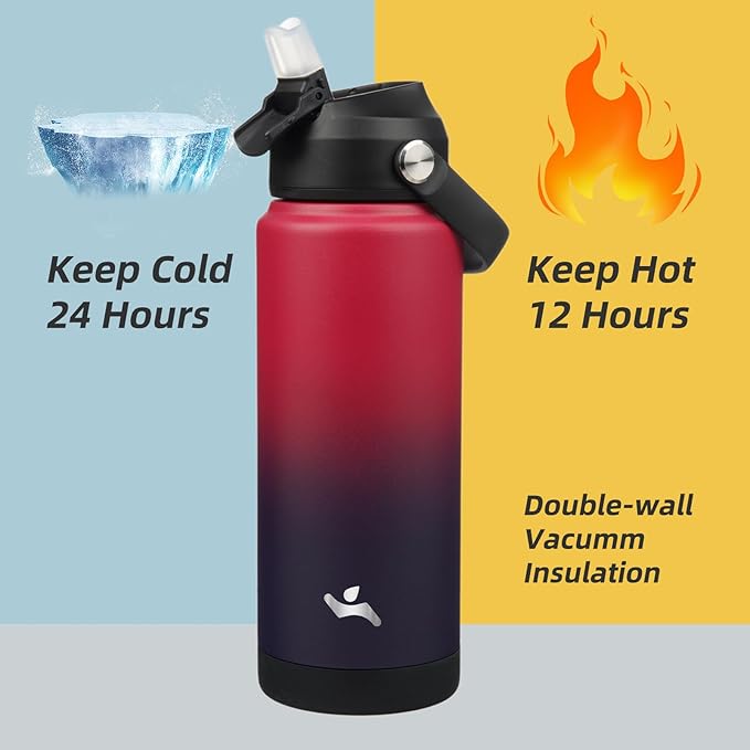 Insulated Water Bottle with Straw Lid,24 oz Stainless Steel Vacuum Metal Bottle with Silicone Handle,Rosy Red-FlexoryFit