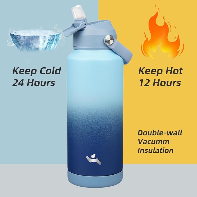 Insulated Water Bottle with Straw Lid,32 oz Stainless Steel Vacuum Metal Bottle with Silicone Handle, Sky-FlexoryFit