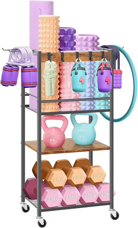 Home Gym Storage Rack, Heavy Duty Yoga Mat Holder Workout Equipment Storage Organizer Weight Rack with Hooks & Wheels for Dumbbells Kettlebells Dumbbell Yoga Block Foam Rollers Yoga Strap Resistance Bands, Fitness Exercise Equipment-FlexoryFit