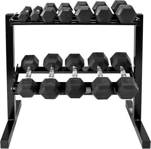 WF Athletic Supply Rubber Coated Hex Dumbbell Set with Two Tier Premium Storage Rack Built for Strength Building, Weight Loss & Home Gym – Multiple Sets Available-FlexoryFit