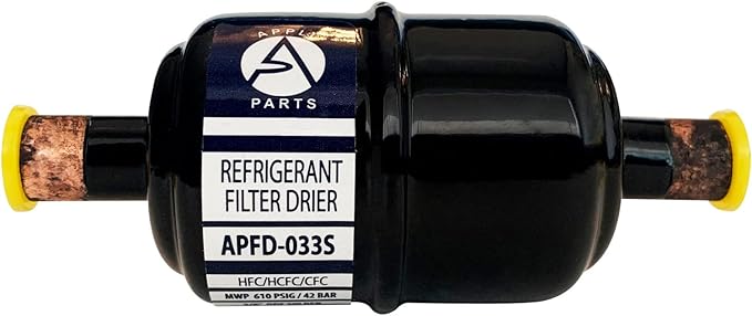 Appli Parts APFD-033S 3/8 in Liquid Line Refrigerant AC Filter Drier hvac Refrigeration 033S ODF Sweat Solder connection universal unidirectional 4-1/2 in long 1-3/4 in wide