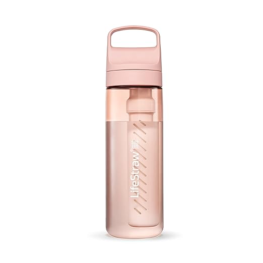 LifeStraw Go Series – BPA-Free Water Filter Bottle for Travel and Everyday use removes Bacteria, parasites and microplastics, Improves Taste, 22oz Cherry Blossom Pink