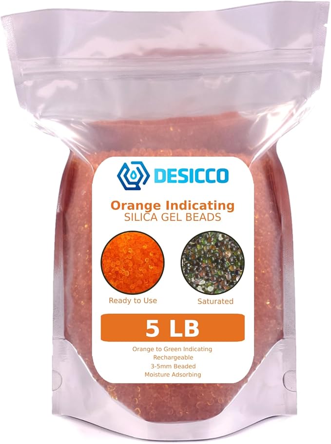 Silica Gel Beads Orange, 3-5mm | Orange Silica Gel Beads Turn to Green to Indicate Reactivation. Reusable Desiccant Beads Rechargeable Moisture Absorber Silica Gel (5.0 lb)