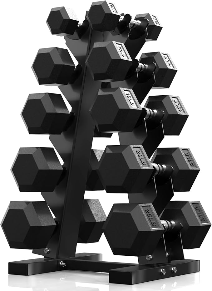 PAPABABE Hex Dumbbell Sets with Rack, 60-550lb Rubber Coated Dumbbell Weight Set and Storage Rack, Multiple Options Hand Weights for Strength Training-FlexoryFit
