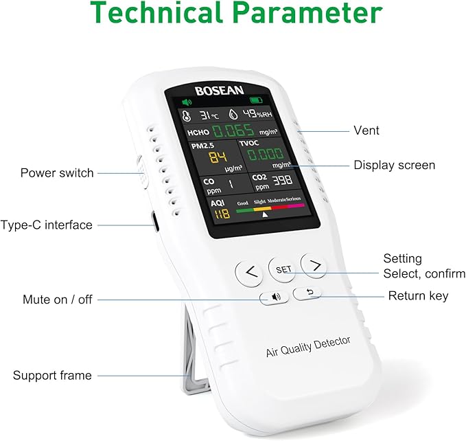 8-in-1 Indoor Air Quality Monitor, Formaldehyde Detector, Temperature & Humidity Meter, Sensor, Tester Detect PM2.5, CO, CO2, HCHO,TVOC,AQI Micron Dust, Home Air Test Kits