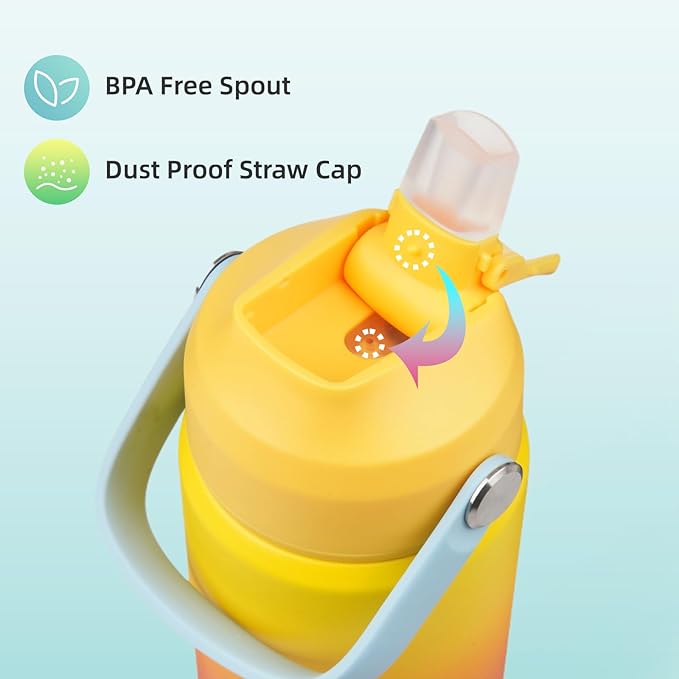 Insulated Water Bottle with Straw Lid,18 oz Stainless Steel Vacuum Metal Bottle with Silicone Handle,Rainbow-FlexoryFit