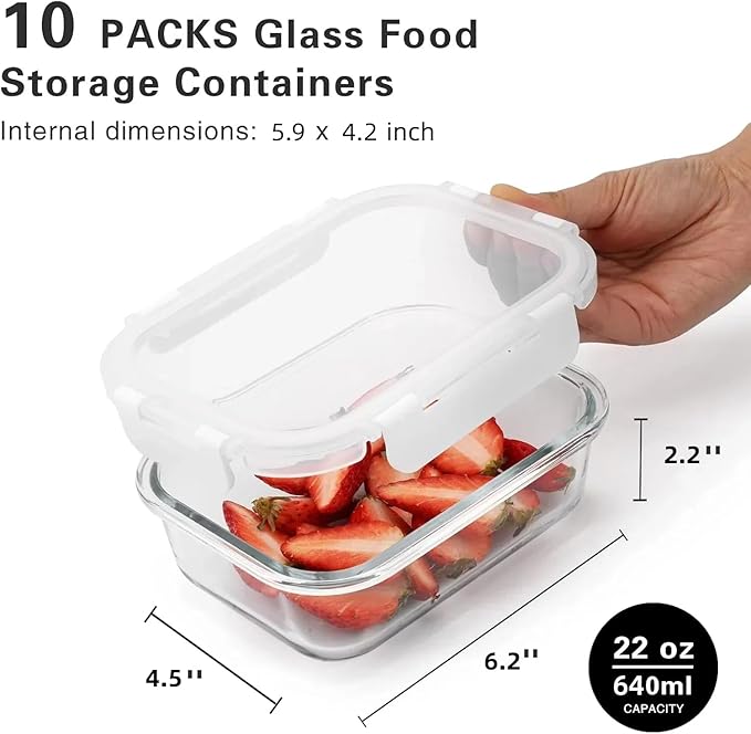 10 Pack 22 Oz Glass Meal Prep Containers with Lids, Reusable Glass Food Storage Containers with Lids, Leak Proof, Microwave, Oven, Freezer and Dishwasher Safe (White)-FlexoryFit