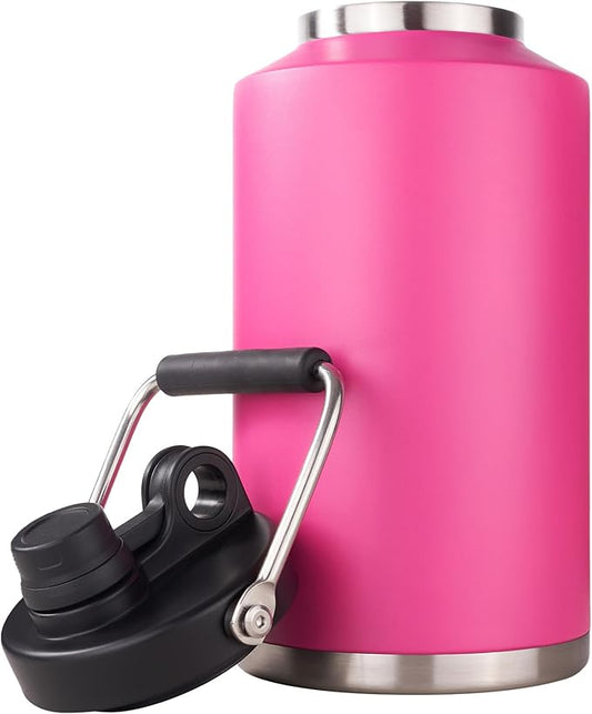 Kerilyn Insulated Gallon Jug with Handle, One Gallon, 128oz Stainless Steel, Large Double Vacuum Water Bottle for Hot & Cold Drinks, Wide Mouth, Sweat Proof, Great for Travel, Camping, Pink-FlexoryFit