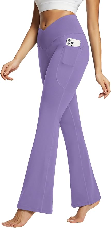 baleaf Women's V Crossover Flare Leggings with Pockets Yoga Pants High Waist Casual Workout Gym Bell Bottom Leggings-FlexoryFit