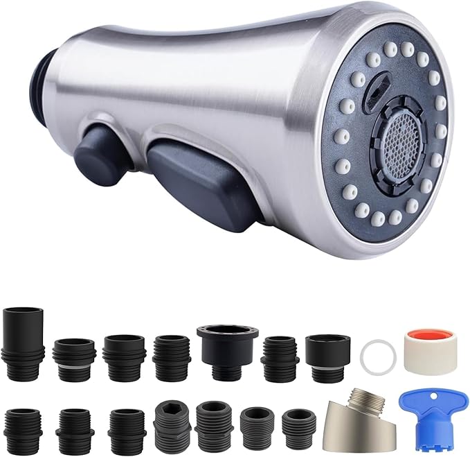 Hibbent Pull Down Spray Head for Kitchen Faucet, NSF/ANSI/CAN 61 & CUPC Certified 3-Function Spray Nozzle, 15 Adapters, Sink Faucet Head Replacement Compatible with Moen, Delta, Kohler, Brushed Nickel