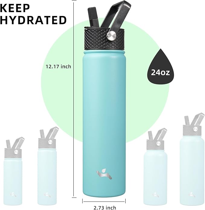Insulated Water Bottle 24oz Stainless Steel Sport Bottles with 3 Lids,Turquoise-FlexoryFit