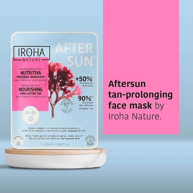 IROHA NATURE AFTERSUN Facial Mask that Nourishes & Prolongs Tan | 15 Pack | With Algae, Probiotics & Hyaluronic Acid | More Hydrated, Strengthened & Glowing Skin | Anti-Aging-FlexoryFit
