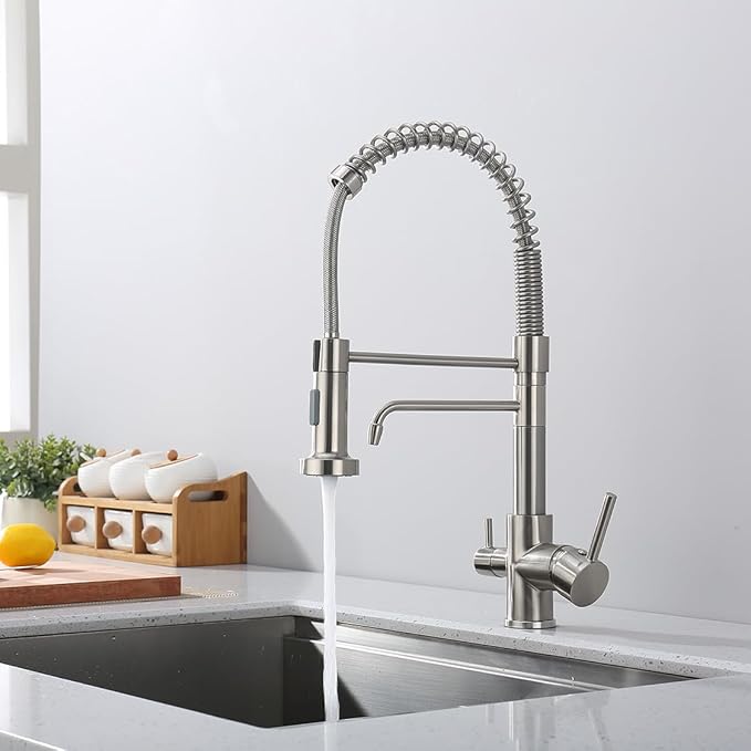 3 Way Kitchen Faucet, Drinking Water Faucet, Filter Kitchen Faucet for Water Filtration System, 3 in 1 Commercial Style Pull-Down 2 Handles, Brushed Nickel