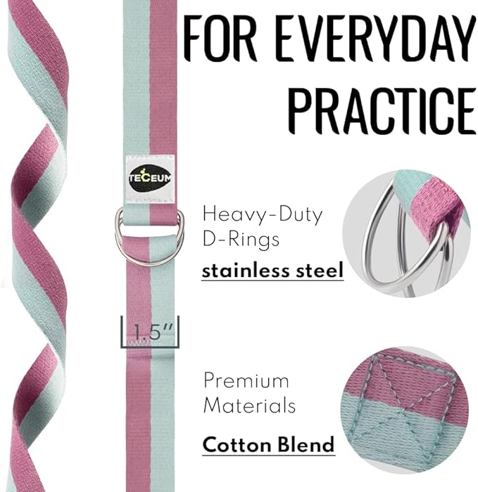 TECEUM Yoga Strap & Mat Strap – 2 IN 1 – Cotton – 6 ft 8 ft 10 ft (30+ colors) – Adjustable Non-Slip Belt for Yoga, Pilates, Stretching, Physical Therapy, Fitness & Home Workout – For Carrying Mats-FlexoryFit