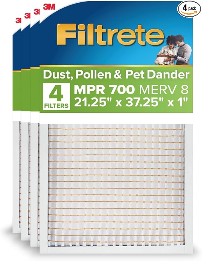 Filtrete 21.25x37.25x1 AC Furnace Air Filter, MERV 8, MPR 700, Tough on Pollen, Easy on Airflow, 3-Month Pleated 1-Inch Electrostatic Air Cleaning Filter, 4-Pack (Actual Size 21.06 x 37.06 x 0.65 in)