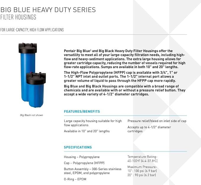 Pentair Pentek 150234 Big Blue Filter Housing, 1" NPT #20 Whole House Heavy Duty Water Filter Housing with High-Flow Polypropylene (HFPP) Cap, 20-Inch, Black/Blue