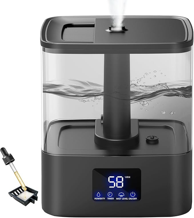 4L Top Fill Humidifiers for Bedroom & 60H Runtime - Cool Mist Humidifier, 3 Mist Levels, 8H Timer, Essential Oil Tray, Humidity Display, Quiet for Bedroom, Baby, Plants, Large Room