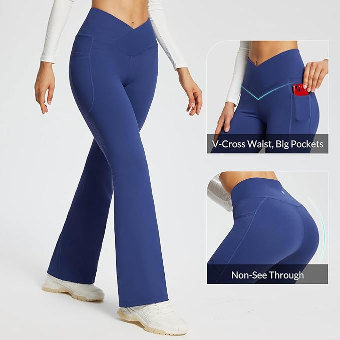 baleaf Women's V Crossover Flare Leggings with Pockets Yoga Pants High Waist Casual Workout Gym Bell Bottom Leggings-FlexoryFit