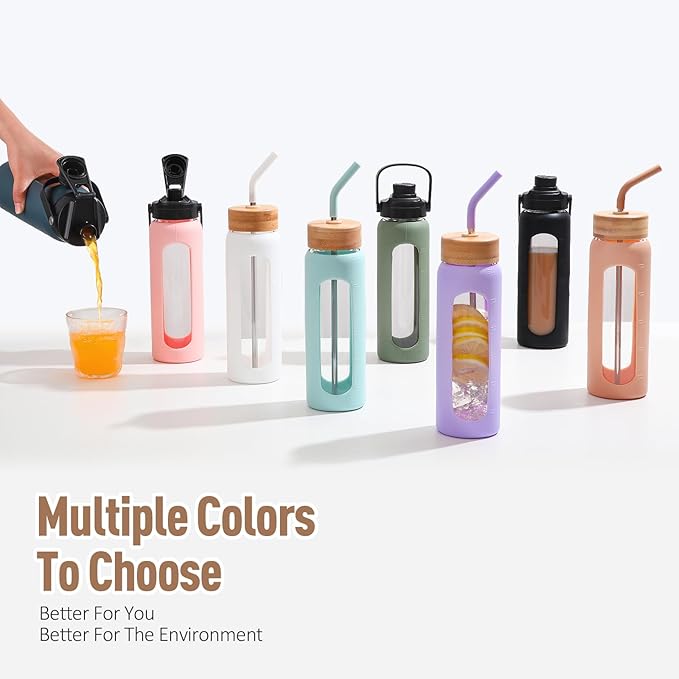 Kodrine Water Bottle with Straw, 24 oz Glass water Bottle with 2 Lids Bamboo Straw Lid and Spout Lid with Handle, 32 oz Clear Water Bottle Glass for Sports Travel, Waterbottle with Time Marker-FlexoryFit