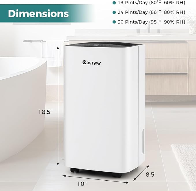 COSTWAY Dehumidifier for Large Room and Basements, Portable 30 Pints Dehumidifier with 3 Modes, 2 Speeds, Low Noise, 24H Timer, Auto or Manual Drainage