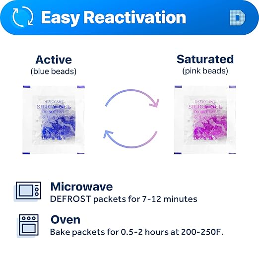 Dry & Dry 1 Gram [200 Packets] Blue Indicating(Blue to Pink) Silica Gel Packets Desiccants Silica Gel Packets - Rechargeable Silica Packets, Silica Gel, Silica Gel Packs