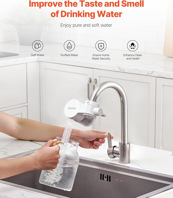 VEVOR Faucet Mount Water Filter, Horizontal Water Purifier for Sink Tap, NSF Certified Carbon Fiber Filter, Removes Chlorine Lead with 3 Filters, Fits Most Kitchen or Bathroom Faucets, White