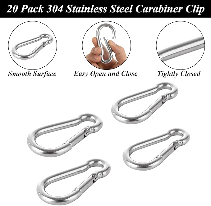 MIVIDE 20 Pack M8 x 3-1/8 inch Carabiner Clips Spring Snap Hook, 304 Stainless Steel Heavy Duty Snap Hooks Carabiner Quick Link Clip for Camping Hiking Traveling Outdoor Swing Gym, 500Lbs Capacity
