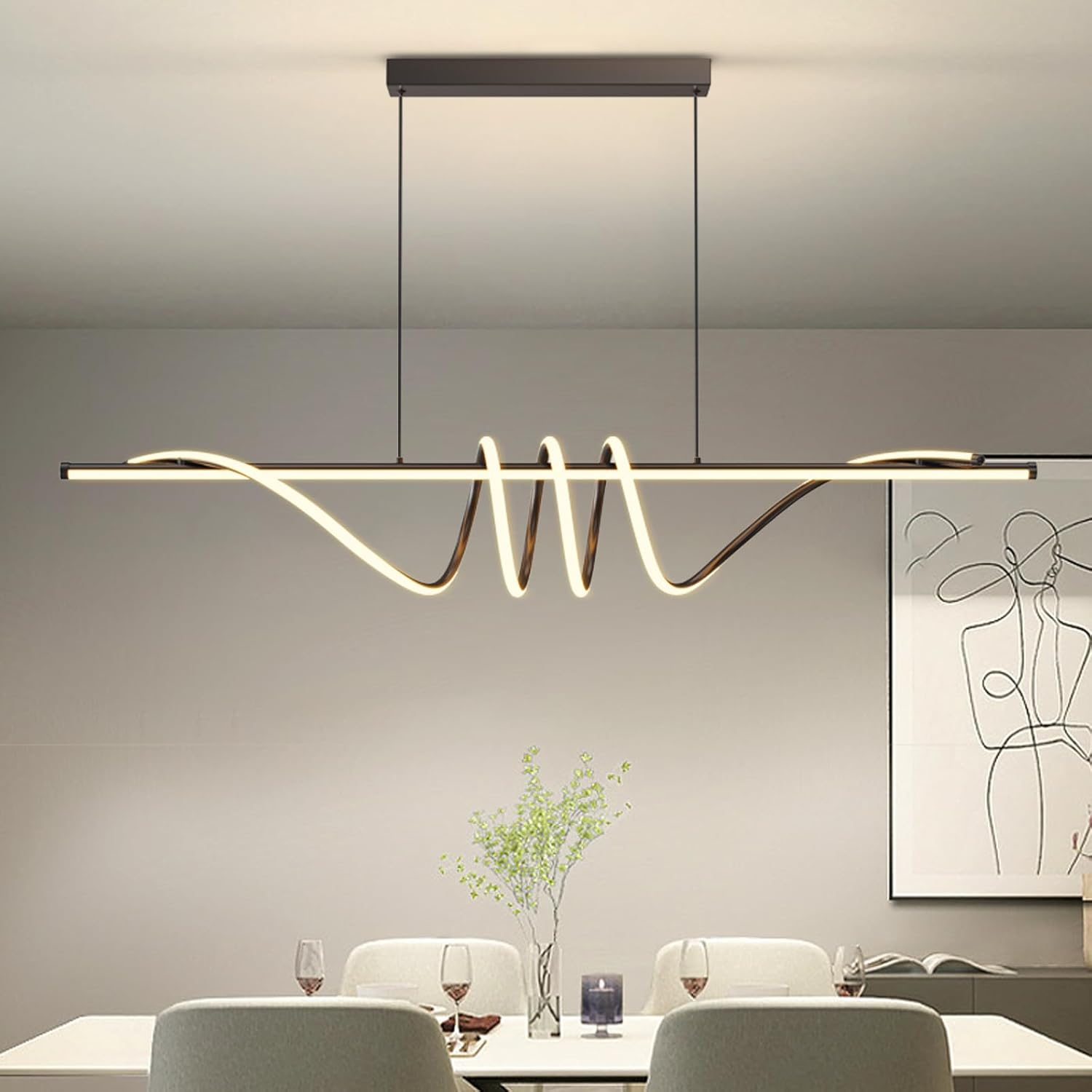 Modern LED Pendant Lights, Ceiling Chandelier Dimmable with Remote Control 3000k-6000K Adjustable Color Temperature, Aluminum Island Lighting Lamp Fixture for Kitchen, Dining Room(57in Black)