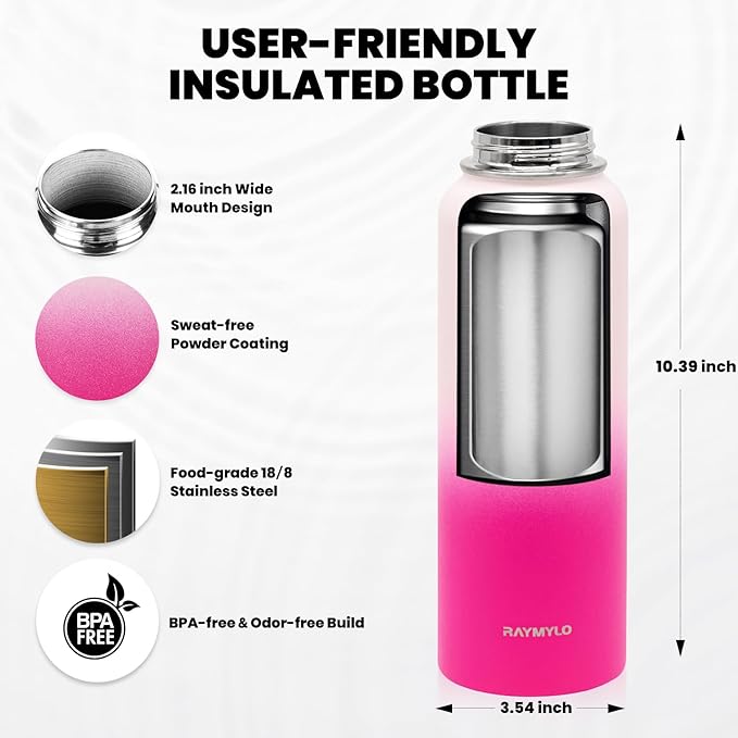Insulated Water Bottle 40 oz, Triple Wall Vacuum Stainless Steel (Cold for 48 Hrs), Leak Proof & Non-BPA, Modern Water Flask Jug with Paracord Handle & Straw Spout Lids, Ombre Pink-FlexoryFit