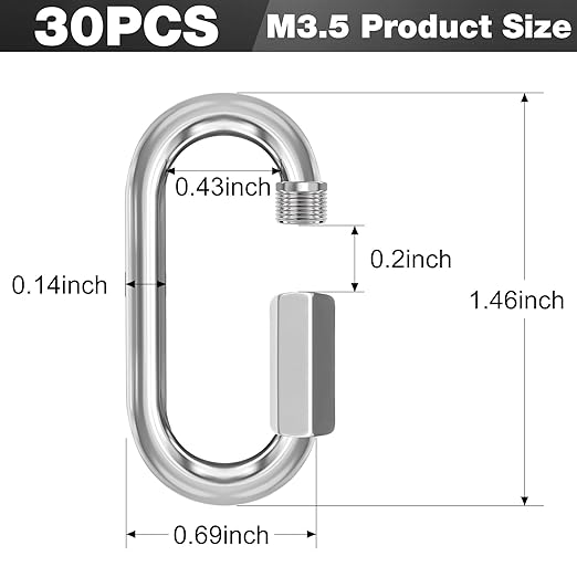 M3.5-30 Pack 1.46” Quick Links Chain Connectors, 1/8″ Galvanized Chain Locking Carabiners Hooks, 180LBS Heavy Duty Thread Quick Link Clips, Twist Oval Keychain D Shape for Swing, Camping