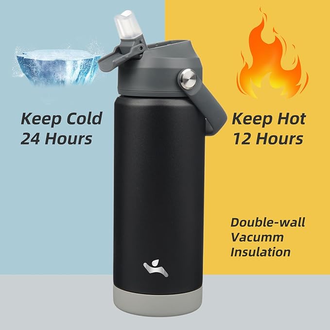 Insulated Water Bottle with Straw Lid,18 oz Stainless Steel Vacuum Metal Bottle with Silicone Handle,Black-FlexoryFit