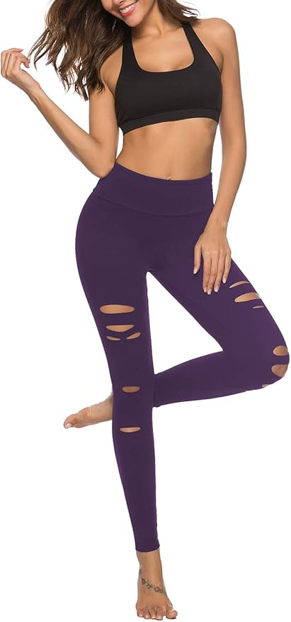 DIBAOLONG Womens High Waist Yoga Pants Cutout Ripped Tummy Control Workout Running Yoga Skinny Leggings-FlexoryFit