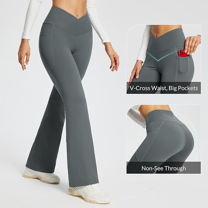 baleaf Women's V Crossover Flare Leggings with Pockets Yoga Pants High Waist Casual Workout Gym Bell Bottom Leggings-FlexoryFit