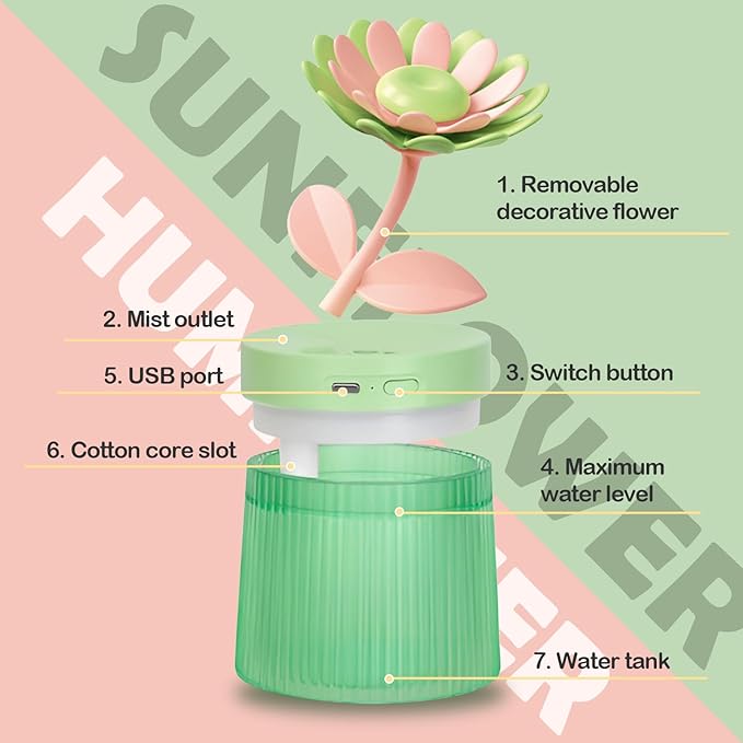 Cute Mini Humidifier 320mL Cool Mist Humidifie mute with 2 Mist Modes,for Home/Nursery/Office,Portable Mini Air Moisturizer,rechargeable mini humidifier(Sunflower Purple)