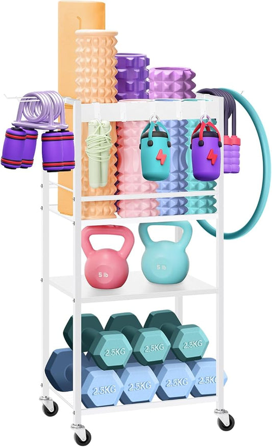 Home Gym Storage Rack, Heavy Duty Yoga Mat Holder Workout Equipment Storage Organizer Weight Rack with Hooks & Wheels for Dumbbells Kettlebells Dumbbell Yoga Block Foam Rollers Yoga Strap Resistance Bands, Fitness Exercise Equipment-FlexoryFit