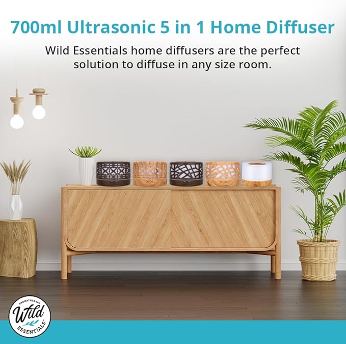 Wild Essentials 700ml Designer Large Room Essential Oil Diffuser, 5 in 1 Ultrasonic Aromatherapy Vaporizer Cool Mist Humidifier, Home, Office, Bedroom, Timer, Auto-Off, 7 Color LED (Wood and White)
