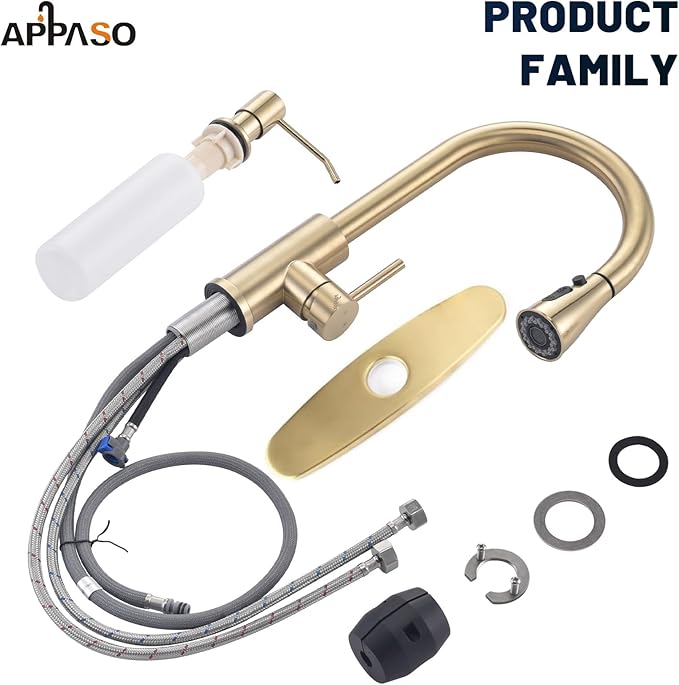 APPASO Gold Kitchen Faucet with Soap Dispenser, Brushed Gold Kitchen Sink Faucet with Pull Down Sprayer, Modern High Arch Single Handle Sink Faucet for Kitchen, 3 Modes