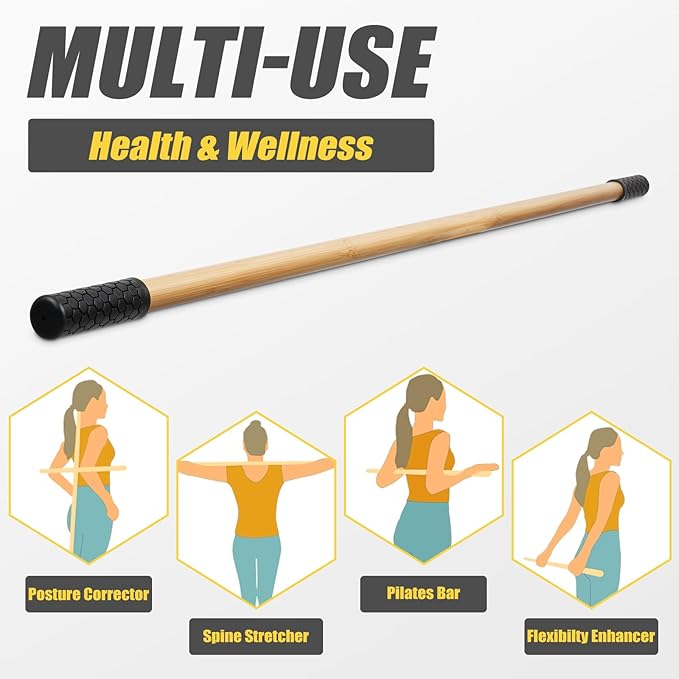 Bamboo Stretch Yoga Stick, 5ft/149 cm, Flexibility Stick for Physical Therapy, Premium Yoga Dowel with Super Sturdy Rubber Handle Ends, Exercise Bar for Posture Corrector-FlexoryFit