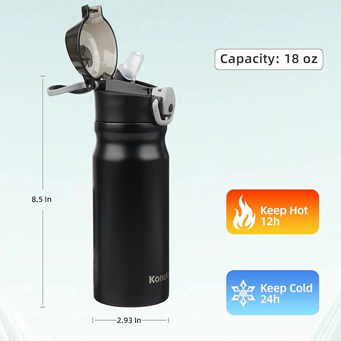 Insulated Water Bottle with Straw and Carry Loop,18 oz Stainless Steel Double Wall Vaccum Metal Water Flask with Leak-proof Lid,Black-FlexoryFit