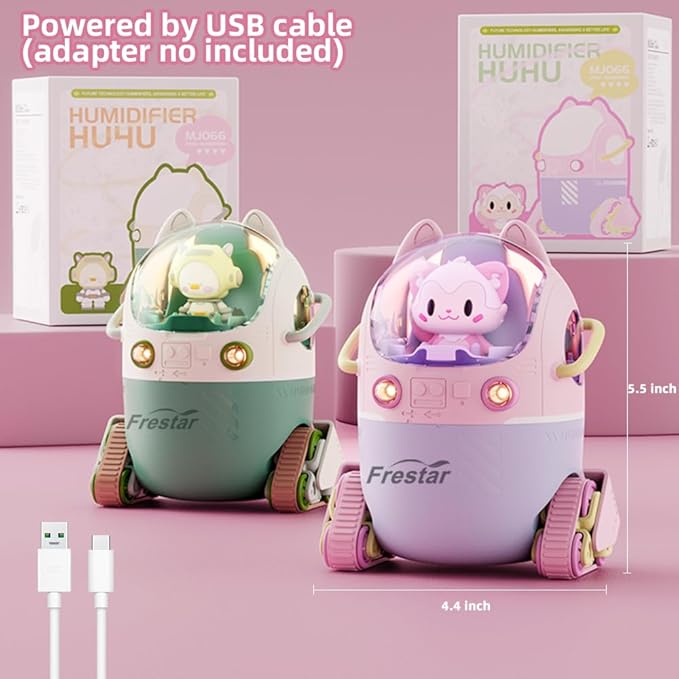 Mini USB Humidifier 220ml with LED Night Light, Small Cute Humidifier Bulit in Adorable Doll for Kids, Plant, Bedroom, Office, Desk, Babies Room, No Battery(Green-Huhu)