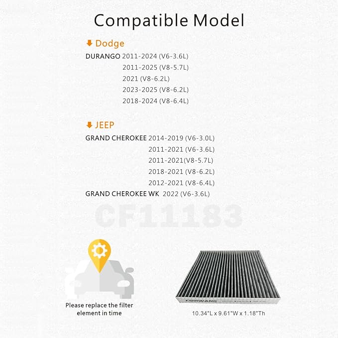 CF11183 Cabin Air Filter with Activated Carbon Compatible with Dodge Durango 2011-2025, Jeep Grand Cherokee 2011-2021 & Cherokee WK 2022 - Replacement 68079487AA