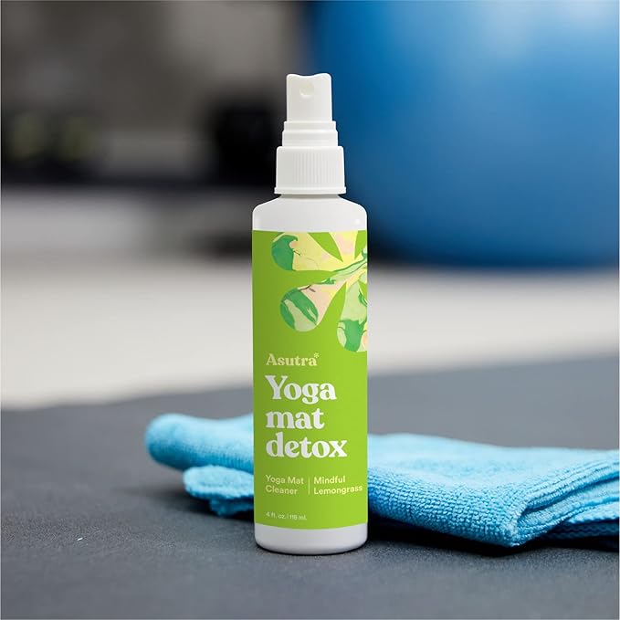 ASUTRA Yoga Mat Cleaner Spray (Mindful Lemongrass), 4 fl oz - No Slippery Residue, Organic Essential Oils Deep-Cleansing for Fitness Gear & Gym Equipment, Microfiber Towel Included-FlexoryFit
