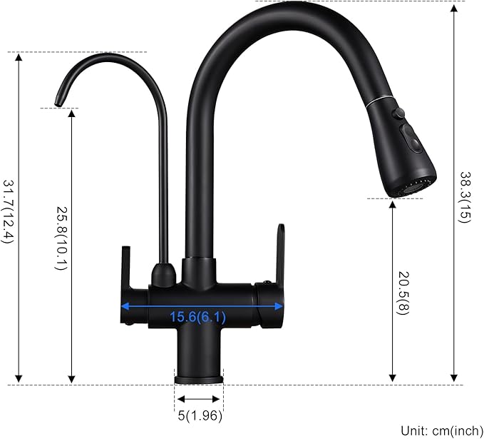 3 in 1 Kitchen Faucet with Drinking Water Faucet, 18 inch Pull Down Spray Kitchen Sink Faucet Filter Faucet (Matte Black)
