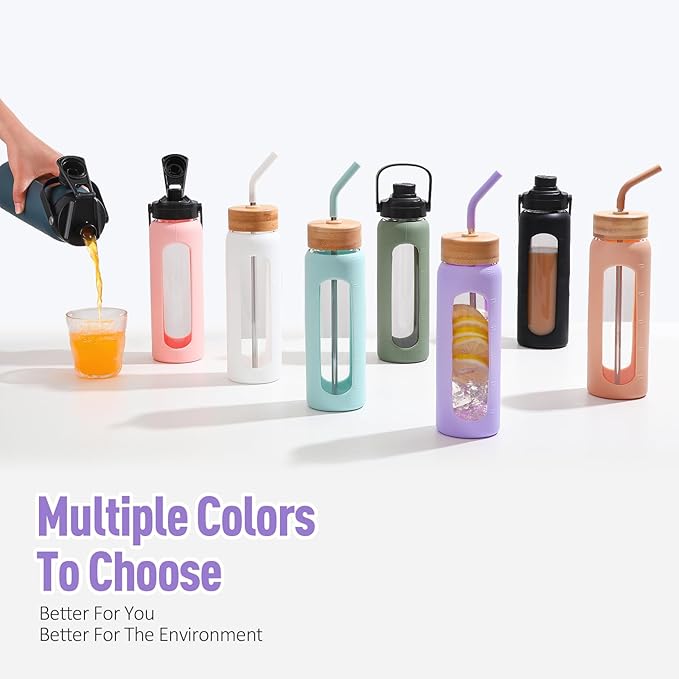 Kodrine Water Bottle with Straw, 24 oz Glass water Bottle with 2 Lids Bamboo Straw Lid and Spout Lid with Handle, 32 oz Clear Water Bottle Glass for Sports Travel, Waterbottle with Time Marker-FlexoryFit
