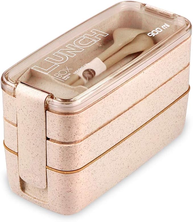 Iteryn Bento Adults Lunch Box, Stackable Bento Box, 3-In-1 Compartment - Wheat Straw, Leakproof Bento Lunch Box Meal Prep Containers-FlexoryFit