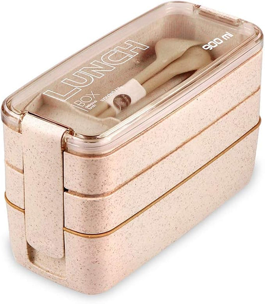 Iteryn Bento Adults Lunch Box, Stackable Bento Box, 3-In-1 Compartment - Wheat Straw, Leakproof Bento Lunch Box Meal Prep Containers-FlexoryFit