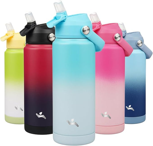 Insulated Water Bottle with Straw Lid,24 oz Stainless Steel Vacuum Metal Bottle with Silicone Handle,Sea Salt-FlexoryFit