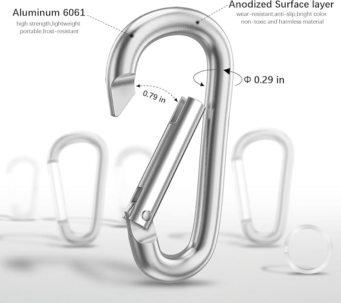 sprookber 3" Aluminum Carabiner D Ring, Caribeener Clips, Spring Snap Hook for Keychain Clip, Set of 10